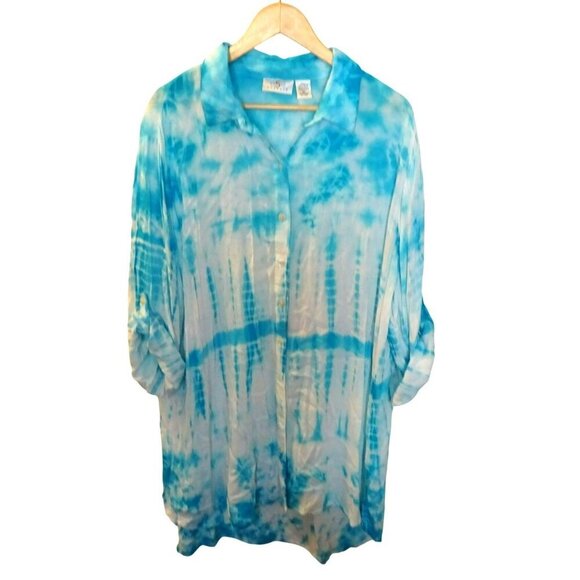 OSO Casuals Button Down Blue and White Collared Rayon Tie Dyed Long Sleeve Cover - Picture 2 of 7